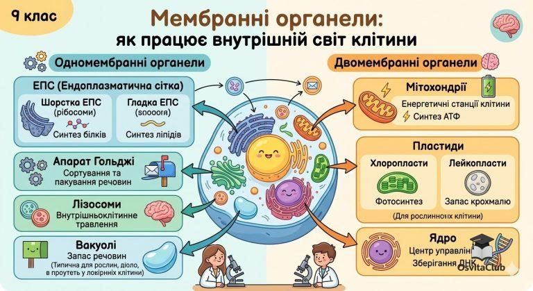 Мембранні органели таблиця — класифікація та функції для 9 класу