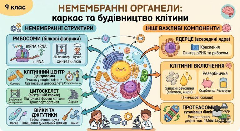 Немембранні органели таблиця — будова рибосом, клітинного центру та війок