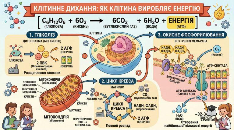 Клітинне дихання схема — енергетичний обмін та синтез АТФ
