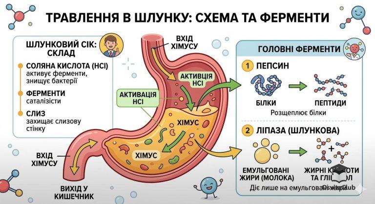 травлення в шлунку — схема роботи ферментів та склад соку 8 клас НУШ