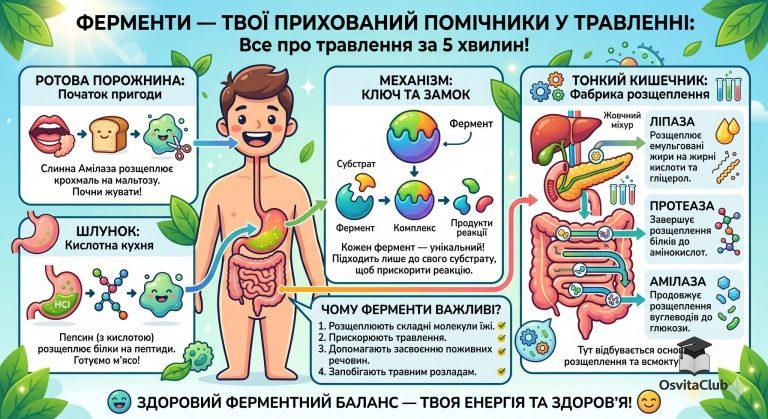 Ферменти для травлення схема — таблиця дії амілази, пепсину та ліпази